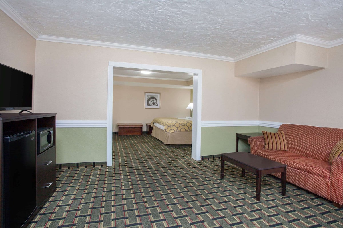 Une chambre d’hôtel avec un tapis à motifs, un canapé, une télévision, un bureau et un lit recouvert d’une courtepointe à motifs.