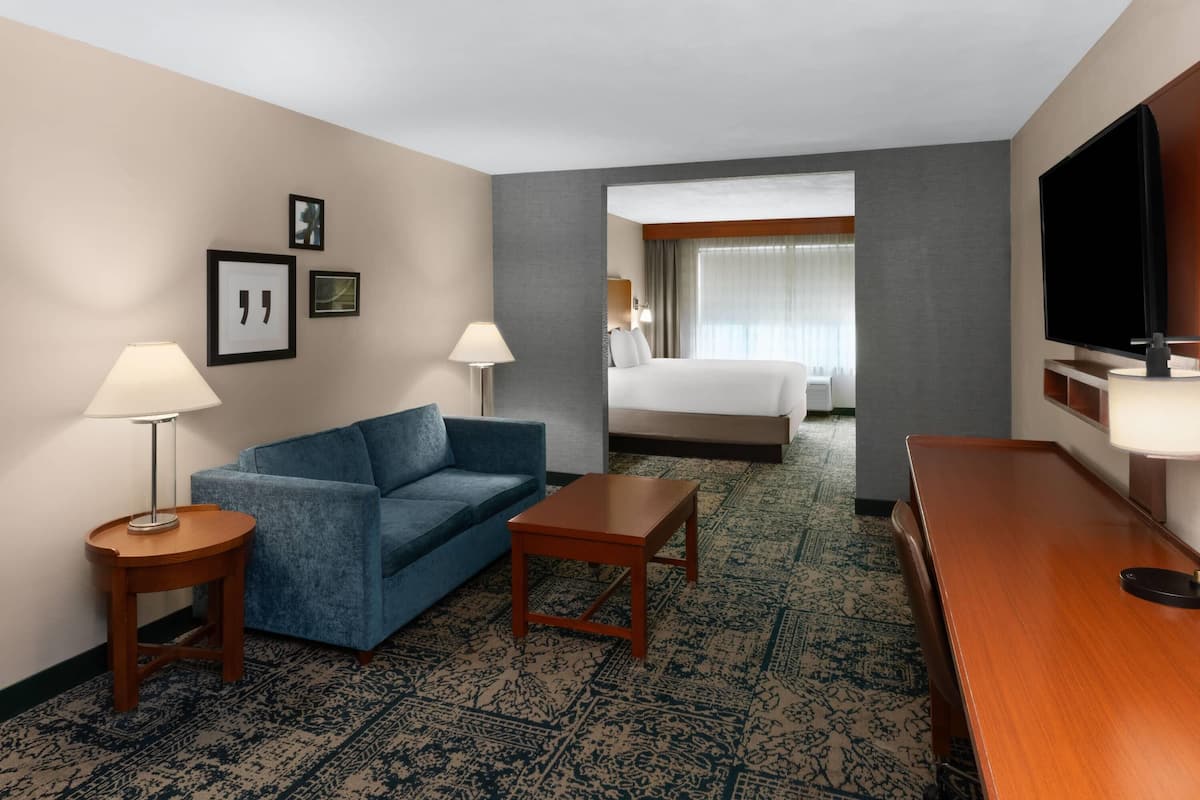 Suite, 1 King Bed, Non Smoking | Desk, laptop workspace, blackout curtains, iron/ironing board