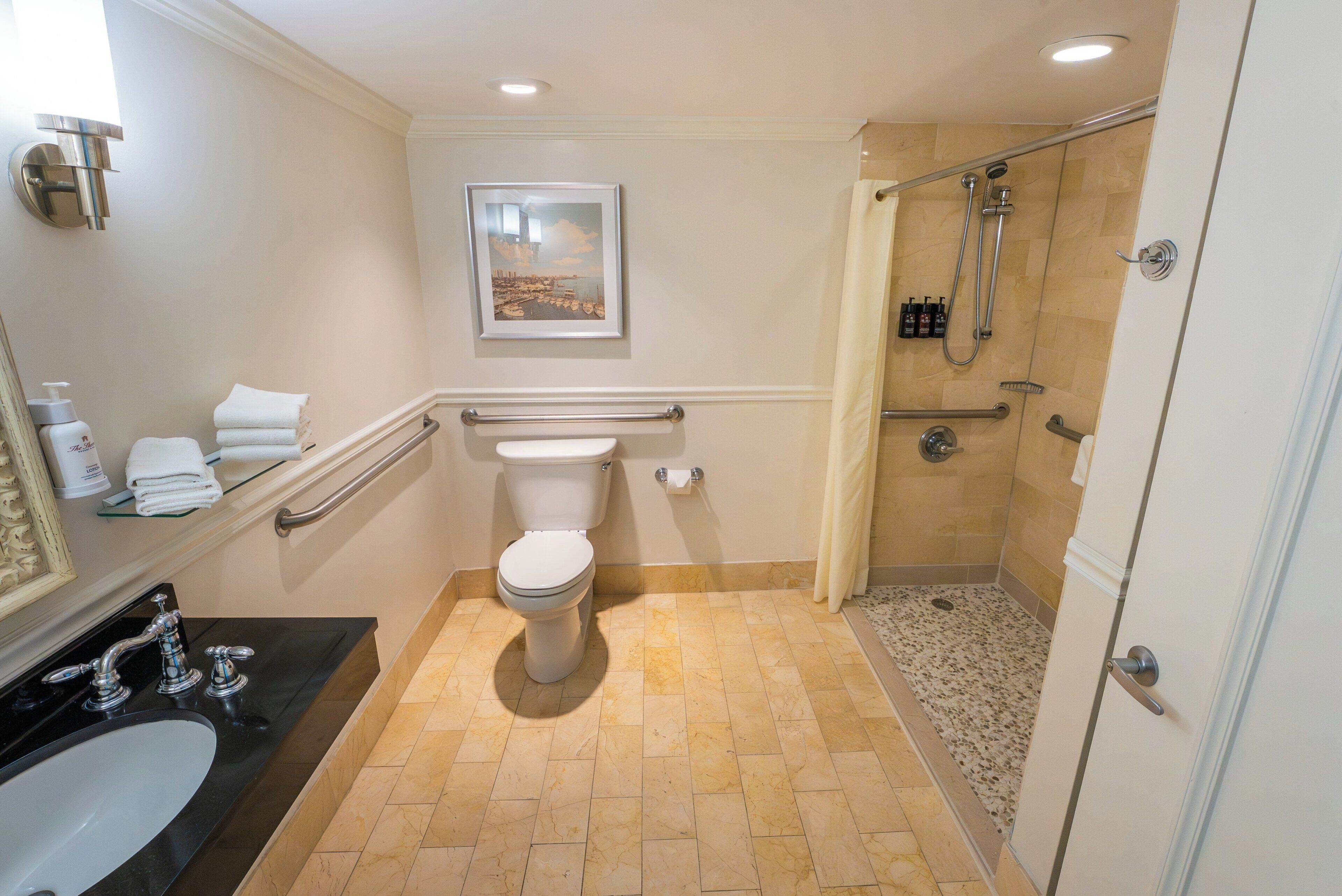Une salle de bain avec des toilettes, un lavabo et une douche.