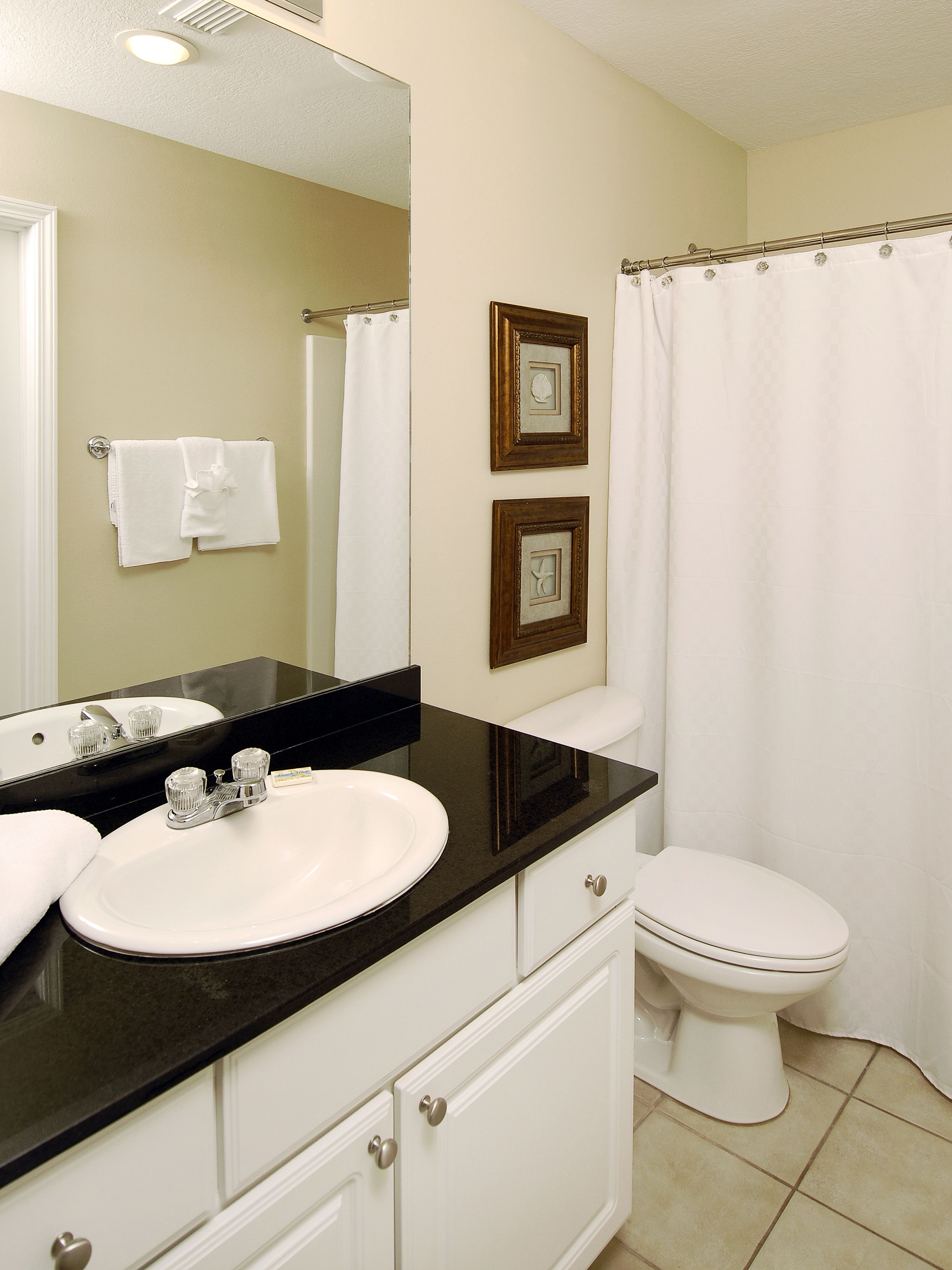 A bathroom with a white sink, a mirror, a toilet, and a shower curtain.