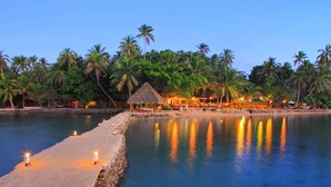 A beachfront resort with thatched-roof huts, palm trees, and a calm sea.
