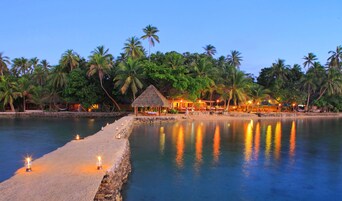 Un resort frente a la playa con cabañas de techo de paja, palmeras y un mar tranquilo.