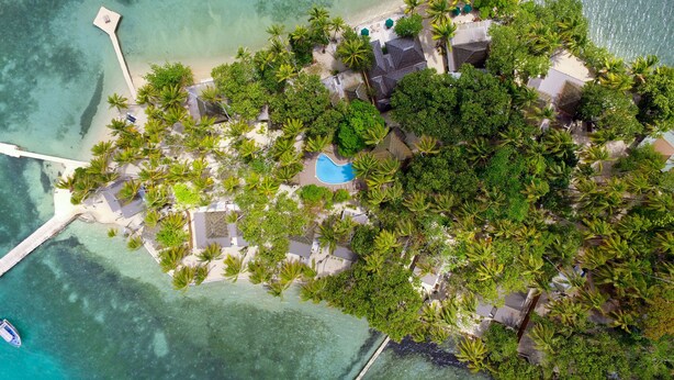 An aerial view of a tropical island resort with a swimming pool, palm trees, and a pier.