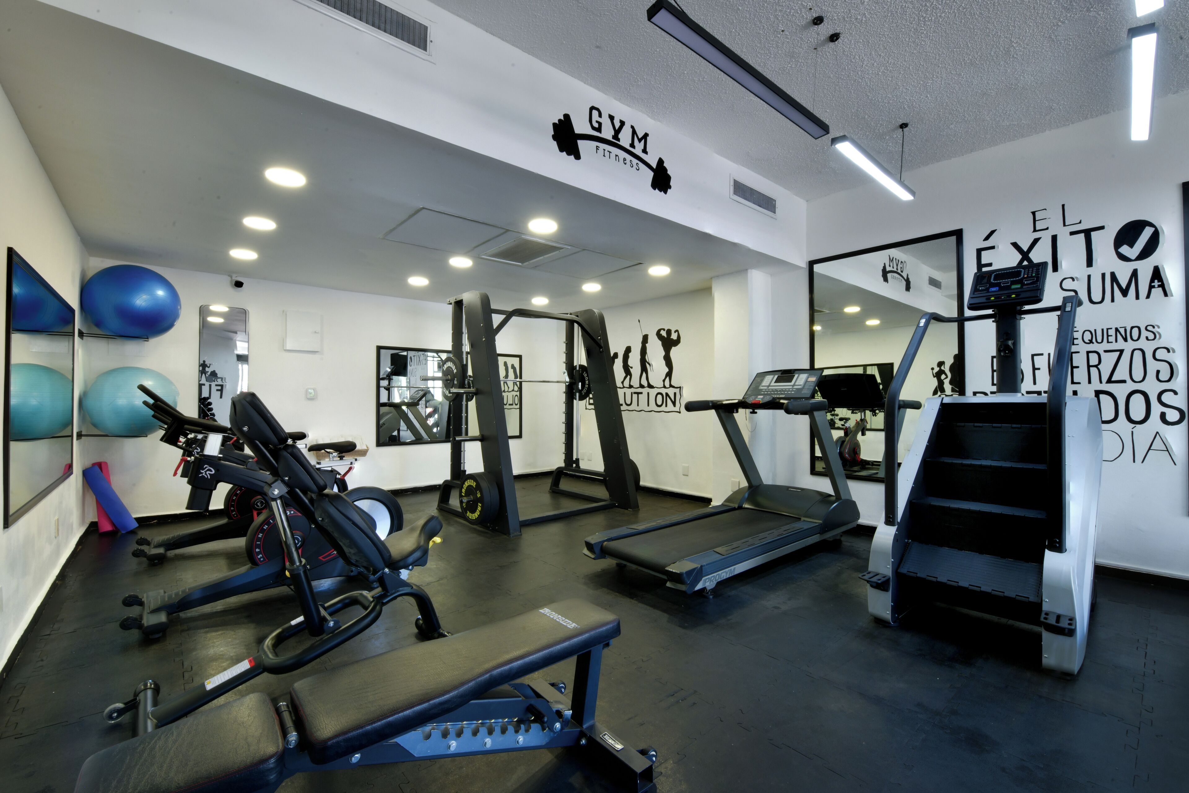 Uma academia com esteiras, aparelhos de musculação e bolas de exercício.