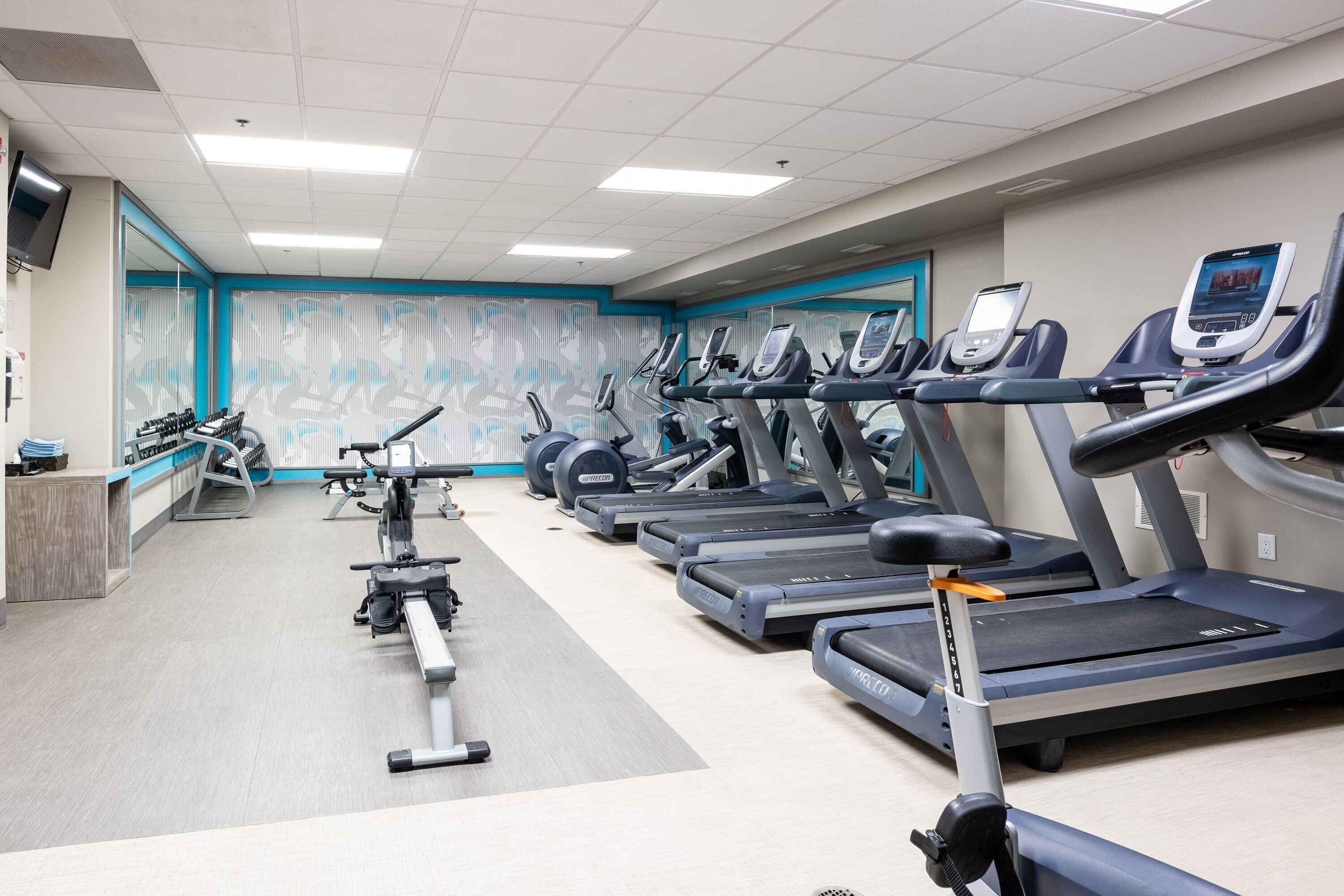 Un gimnasio con varias cintas de correr, bicicletas estáticas y máquinas de remo.