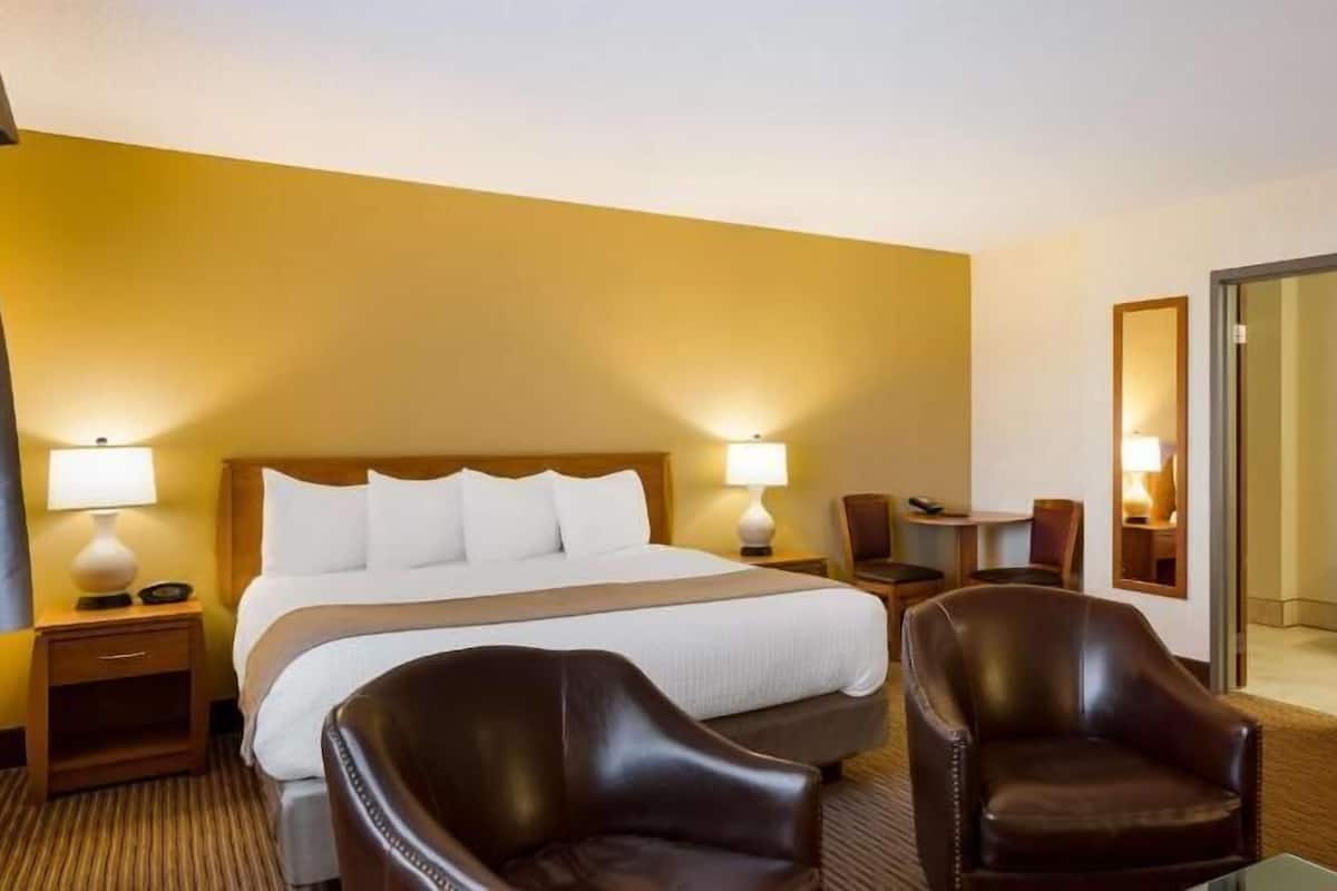 Una habitación de hotel con una cama, dos sillas, un escritorio y un espejo.