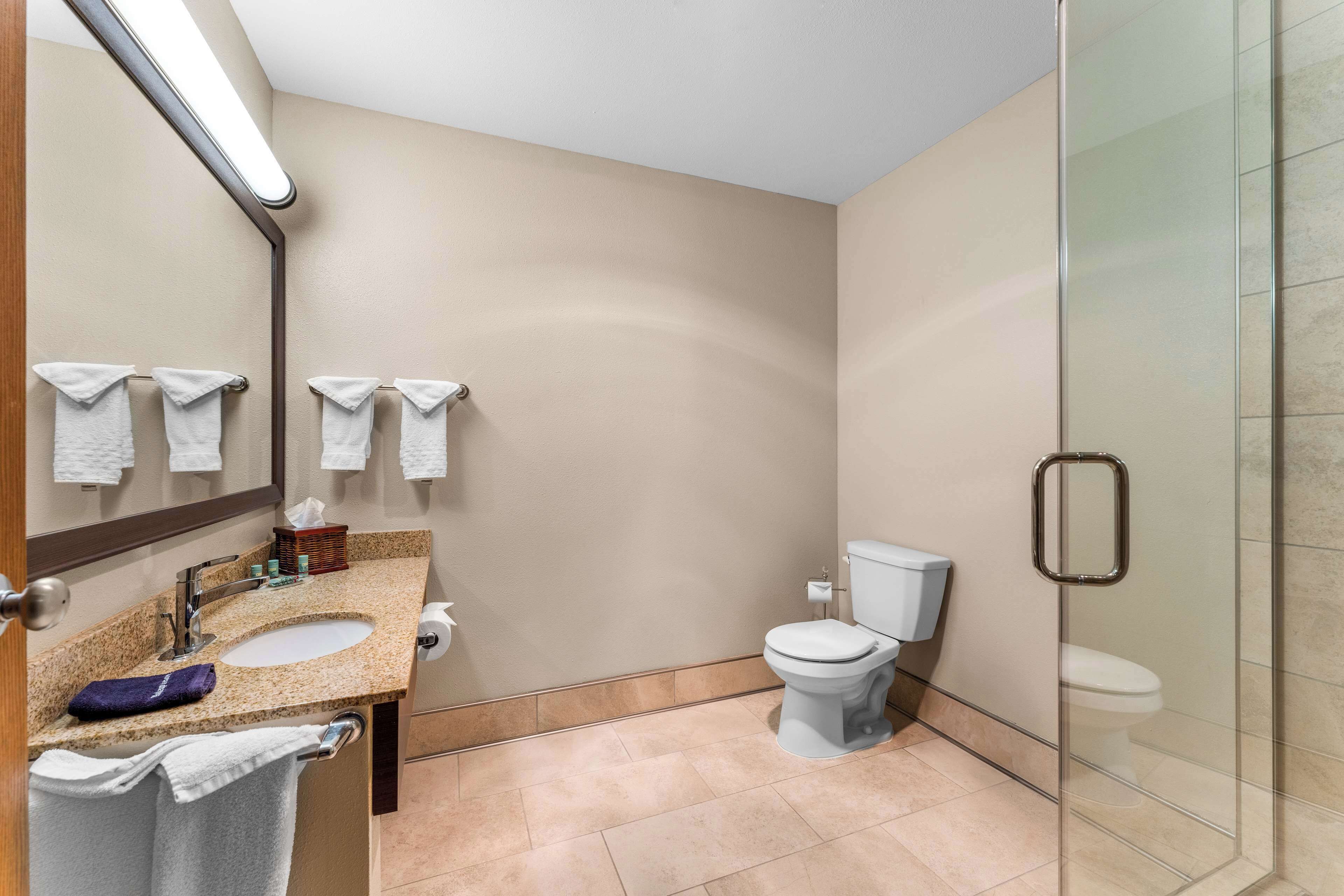 suite, 1 king bed, non smoking, refrigerator & microwave (walk-in shower;with sofabed) | bathroom | combined shower/bathtub, free toiletries, hair dryer, towels