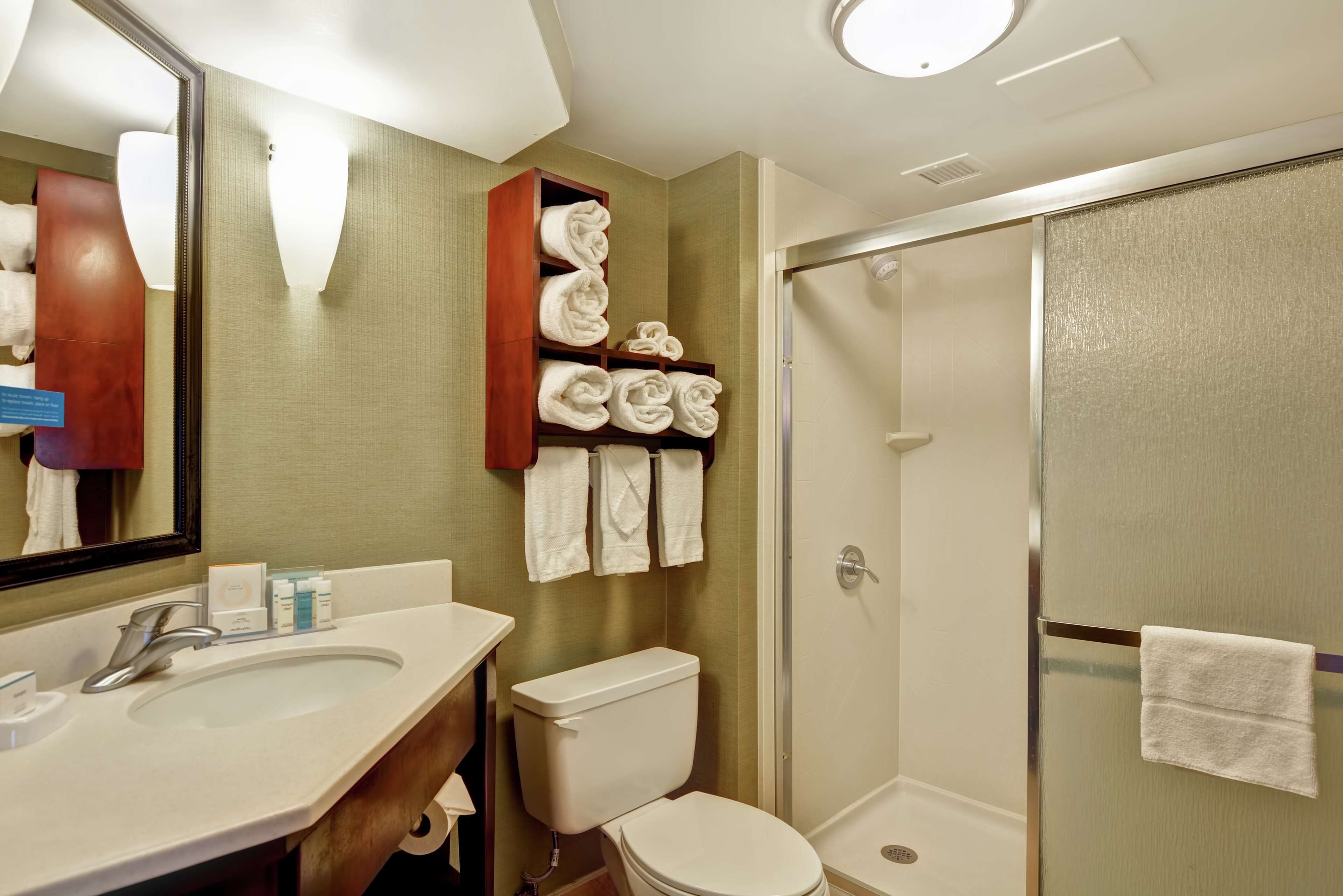 deluxe room, 1 king bed | bathroom | combined shower/bathtub, designer toiletries, hair dryer, towels