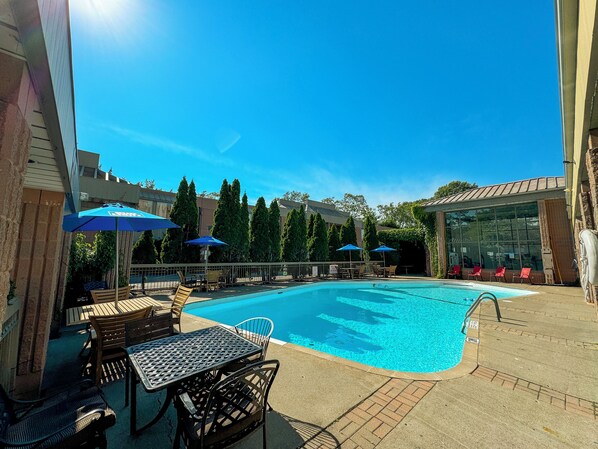 2 indoor pools, seasonal outdoor pool, pool umbrellas