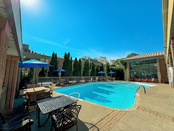 2 indoor pools, seasonal outdoor pool, pool umbrellas
