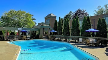 2 indoor pools, seasonal outdoor pool, pool umbrellas