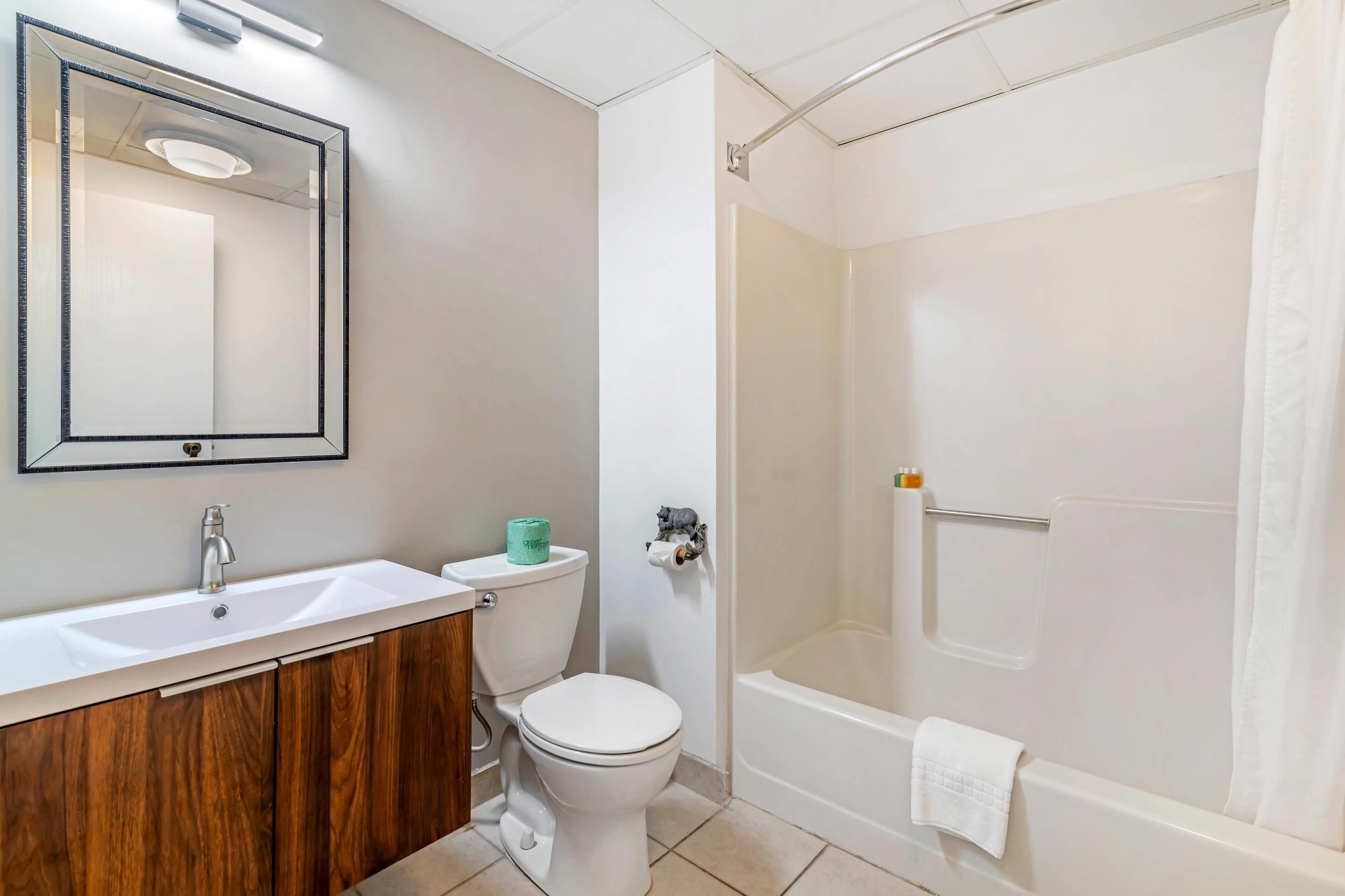 Ein Badezimmer mit weißem Waschbecken, Holzschrank, Toilette und einer begehbaren Dusche mit Badewanne.