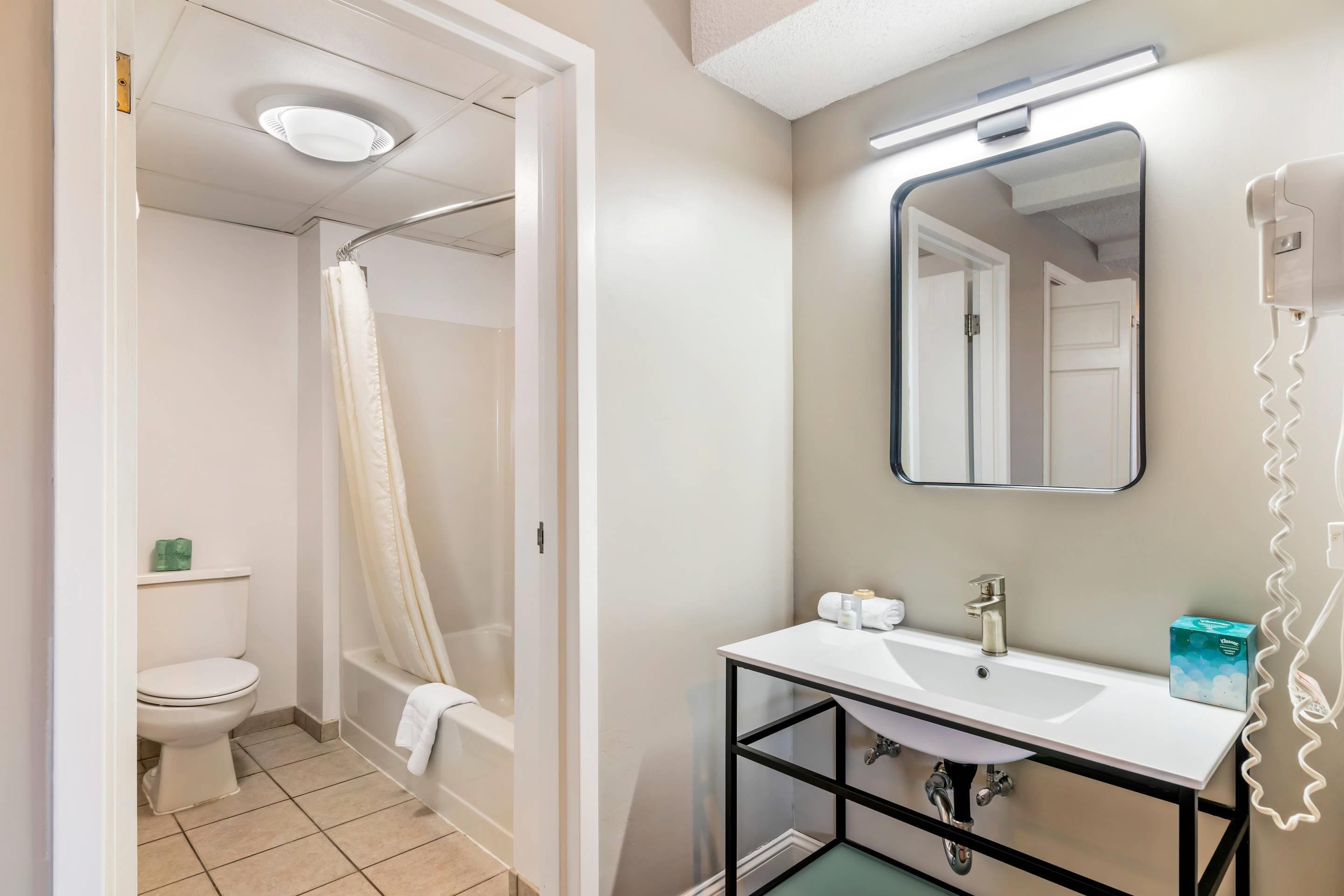 A bathroom with a toilet, shower, and sink.