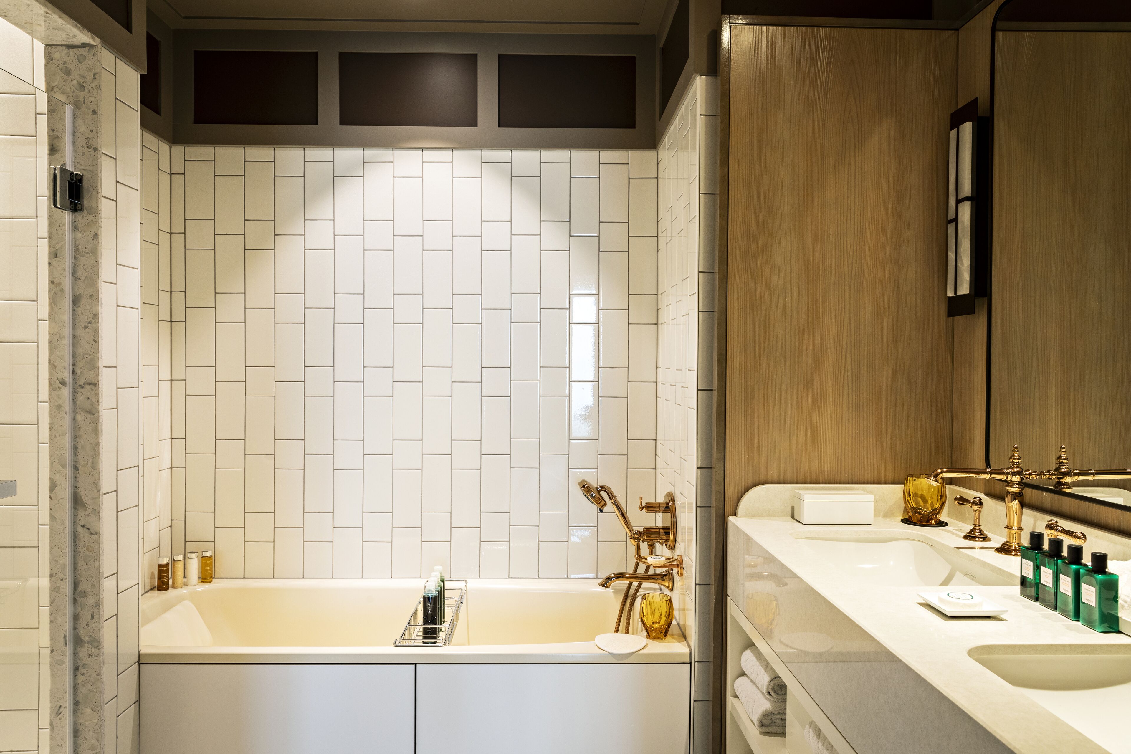 designer toiletries, hair dryer, bathrobes, slippers