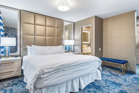 Premium bedding, down comforters, desk, laptop workspace. 3 Palms Tucson North Foothills