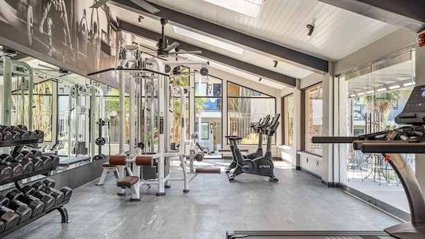 A modern gym with various exercise equipment, large windows, and a view of the outside. - 3 Palms Tucson North Foothills (Tucson)