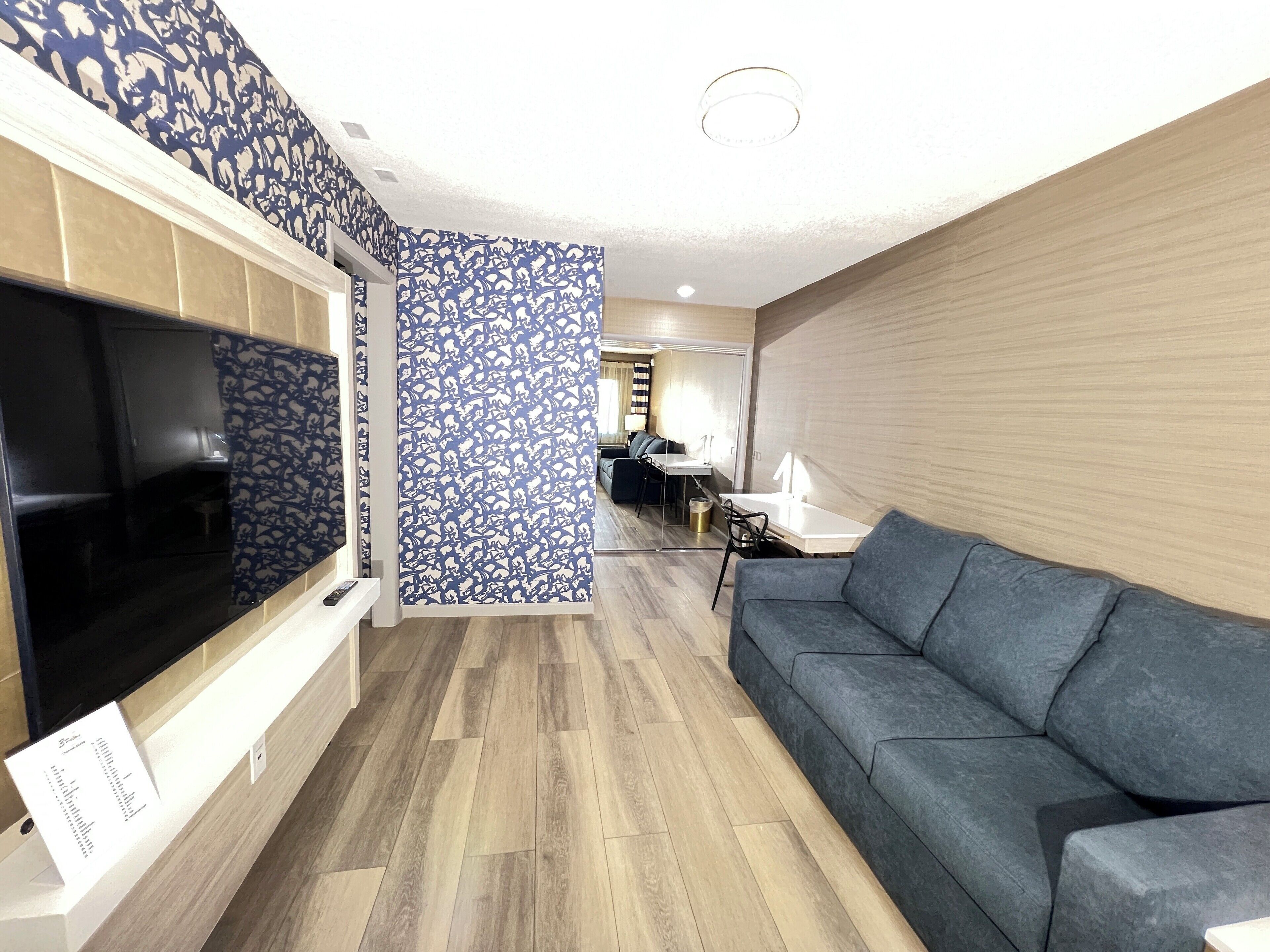 Una sala de estar moderna con un televisor de pantalla plana, un sofá gris y un separador decorativo.