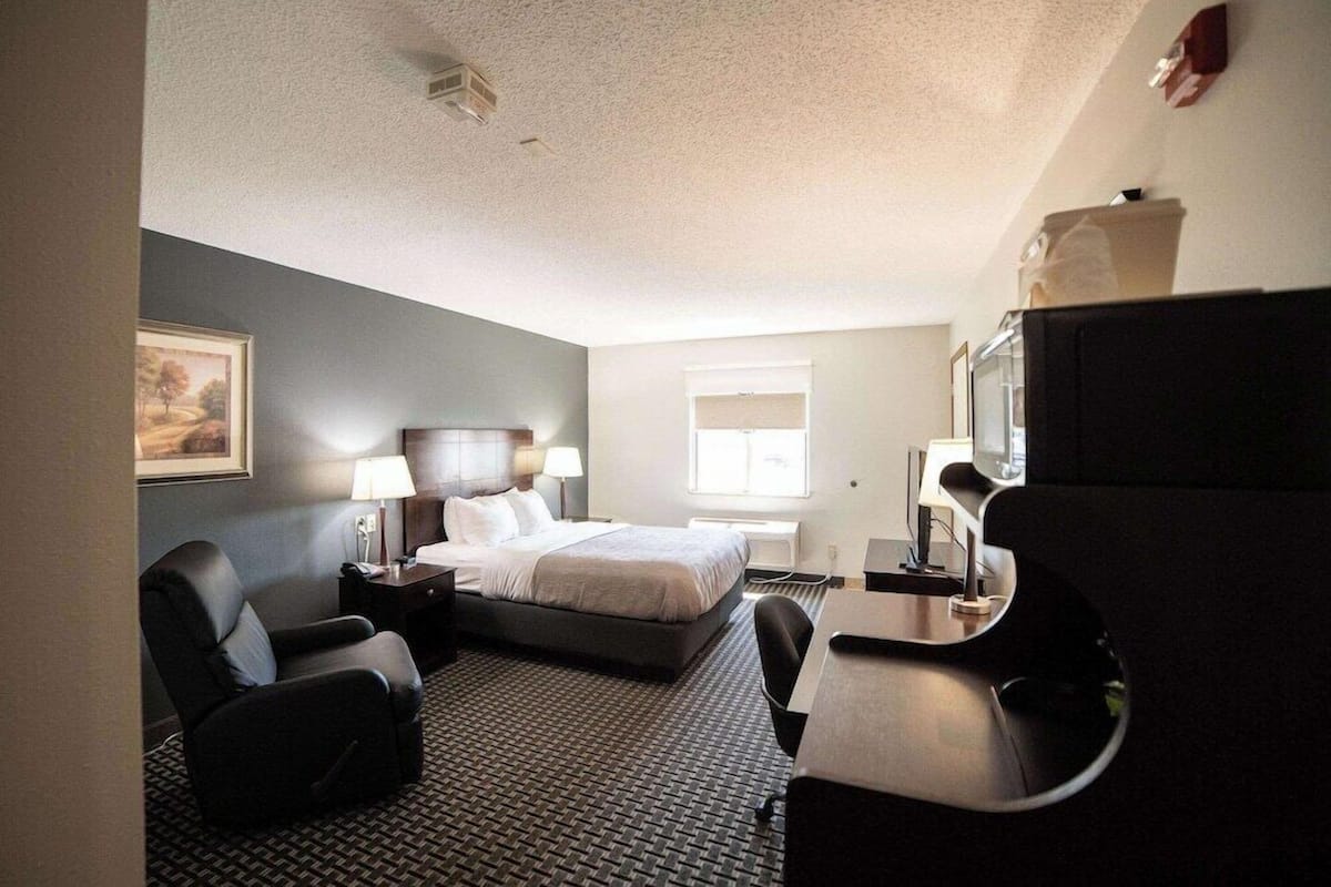 A hotel room with a bed, two chairs, a desk, a television, and a window.