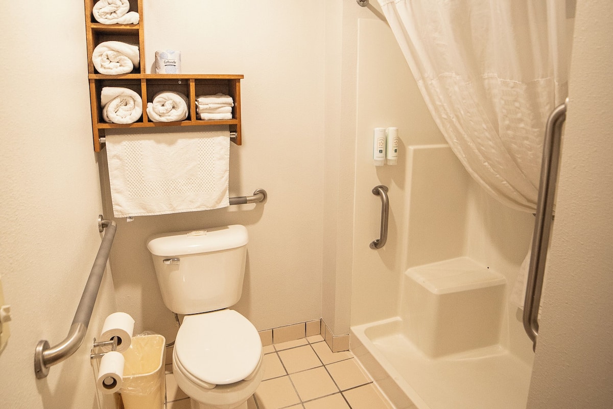 Suite, 1 Queen-Bett und Schlafsofa, barrierefrei, Nichtraucher (Transfer Shower) | Badezimmer | Duschwanne, kostenlose Toilettenartikel, Haartrockner, Handtücher