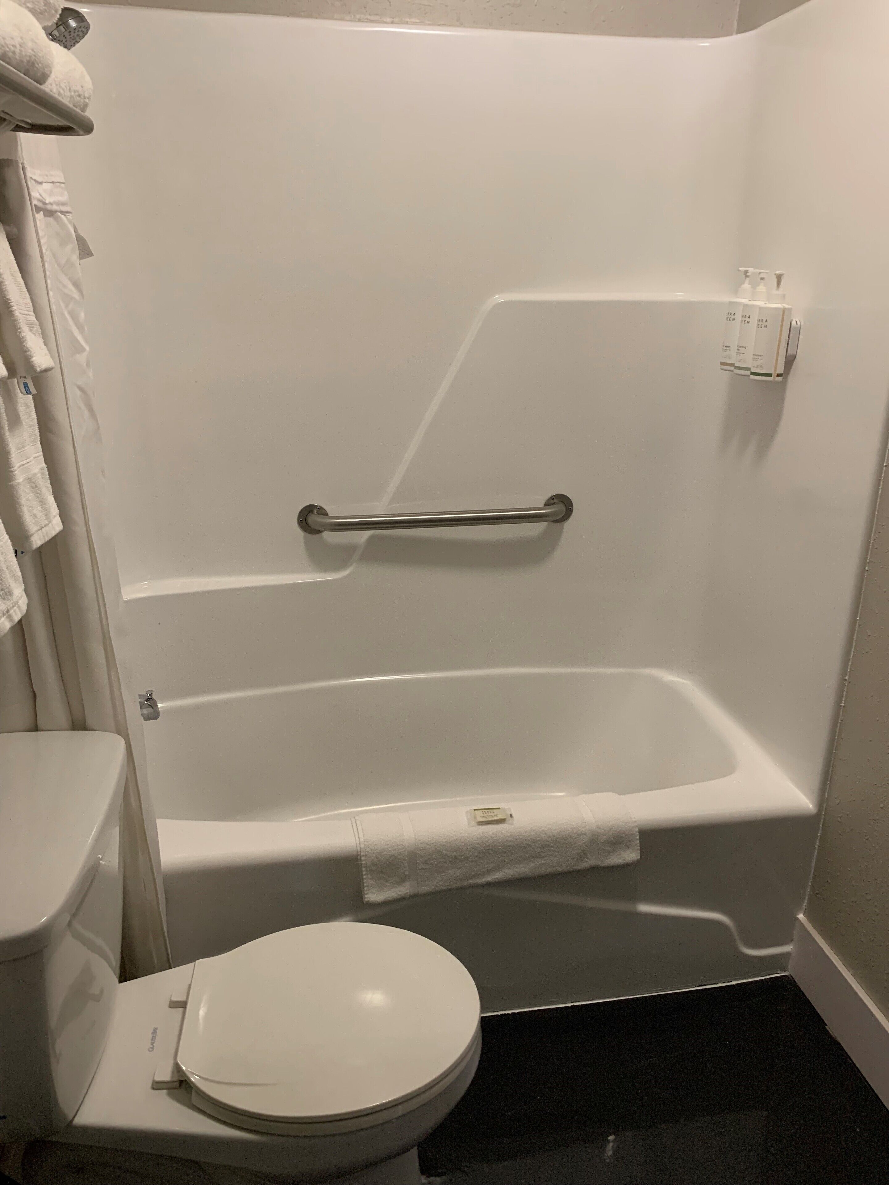 A bathroom with a white bathtub, a toilet, and a shower curtain.