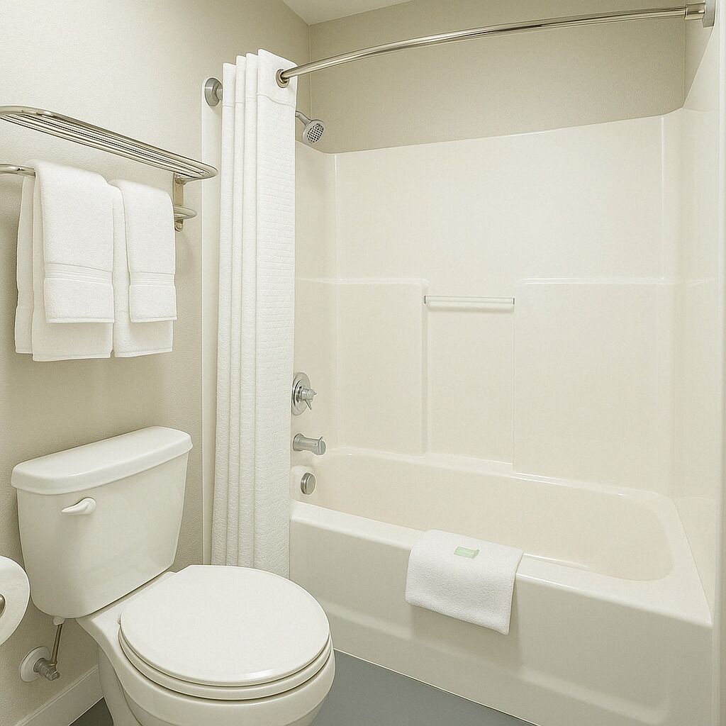 A bathroom with a toilet, a bathtub, and a shower curtain.