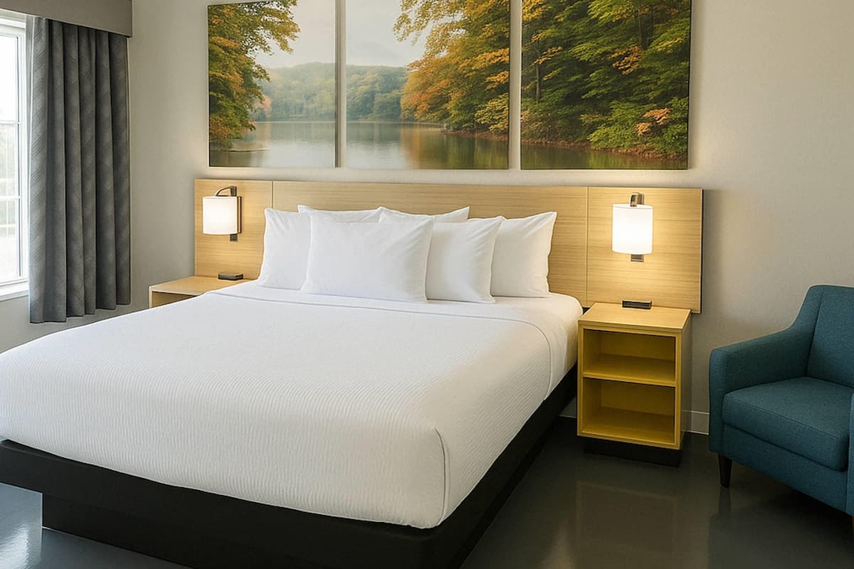Premium bedding, down comforters, desk, laptop workspace