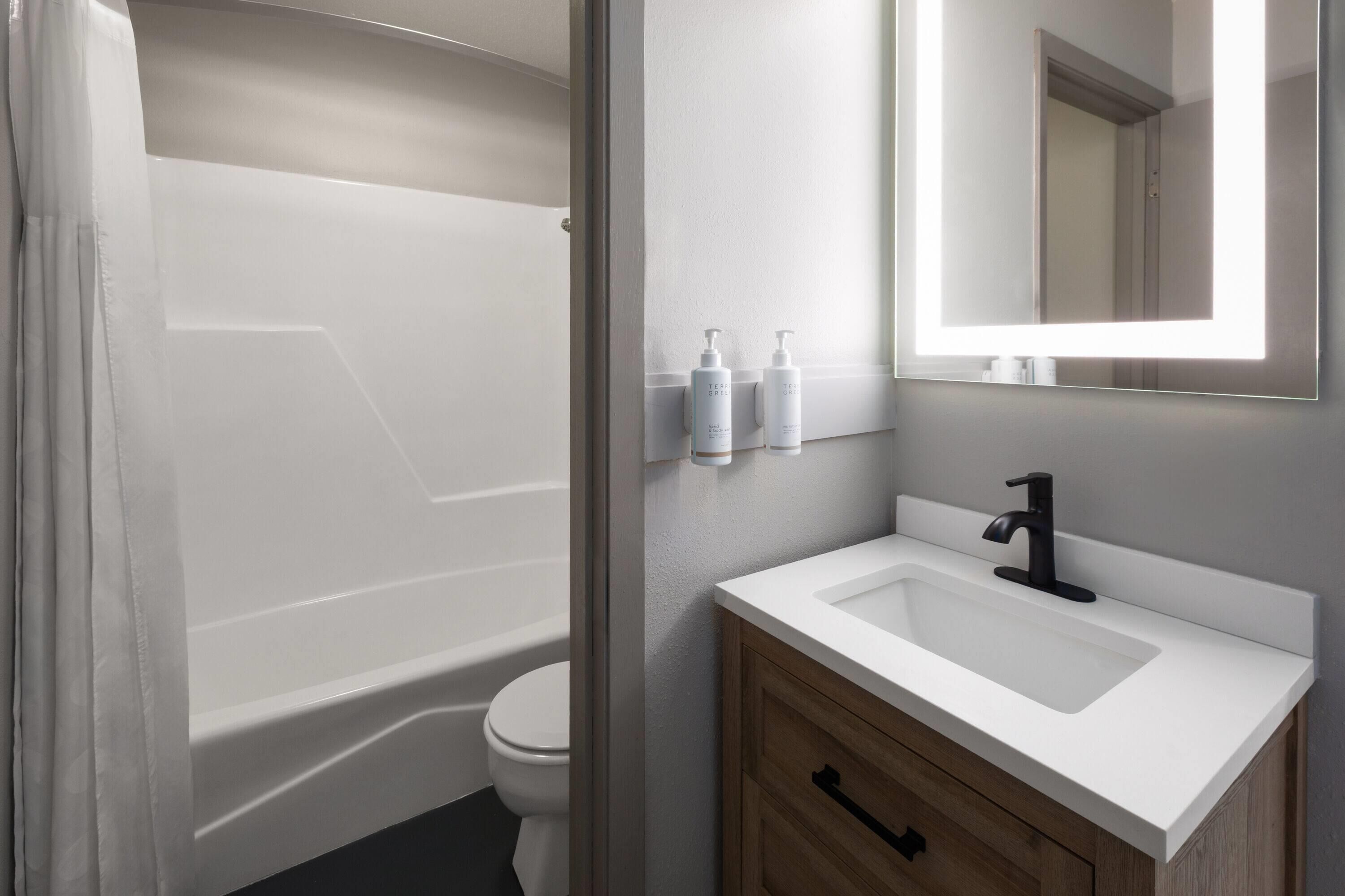 Combined shower/bathtub, free toiletries, hair dryer, towels