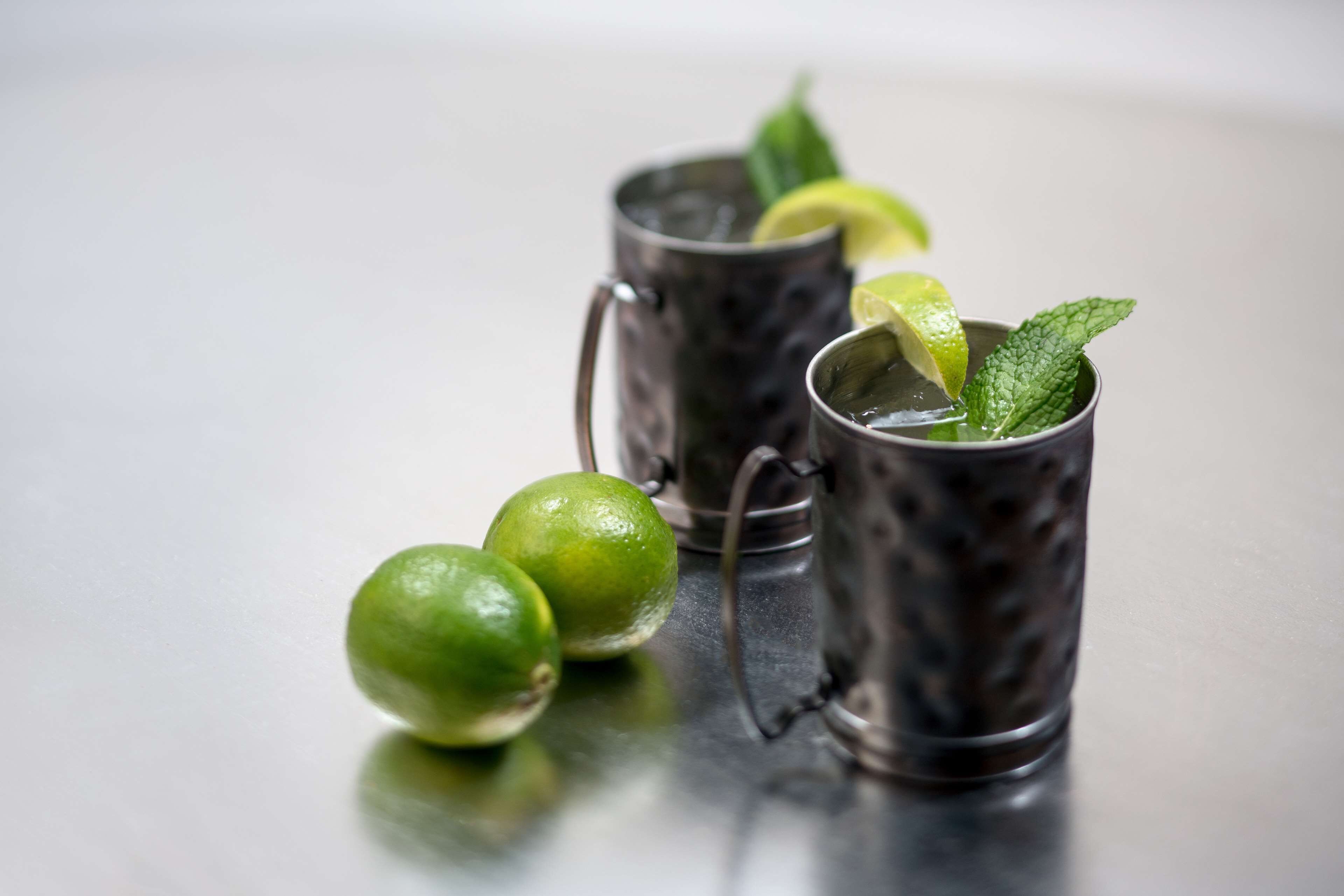 Two metal mugs with handles, each containing a lime wedge and mint leaves.