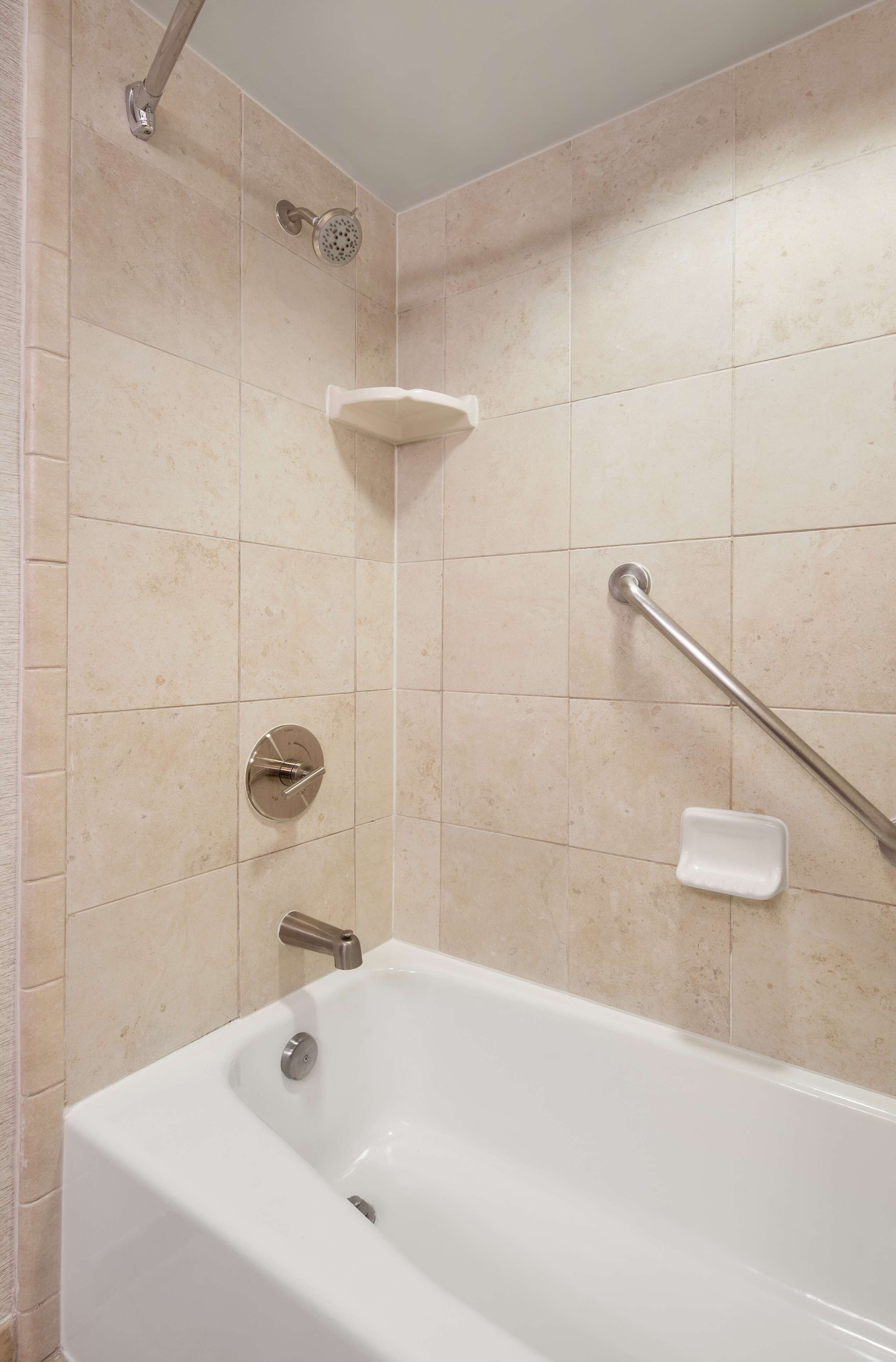 Une salle de bain équipée d’une baignoire, d’une pomme de douche, d’une barre d’appui et d’un porte-savon.