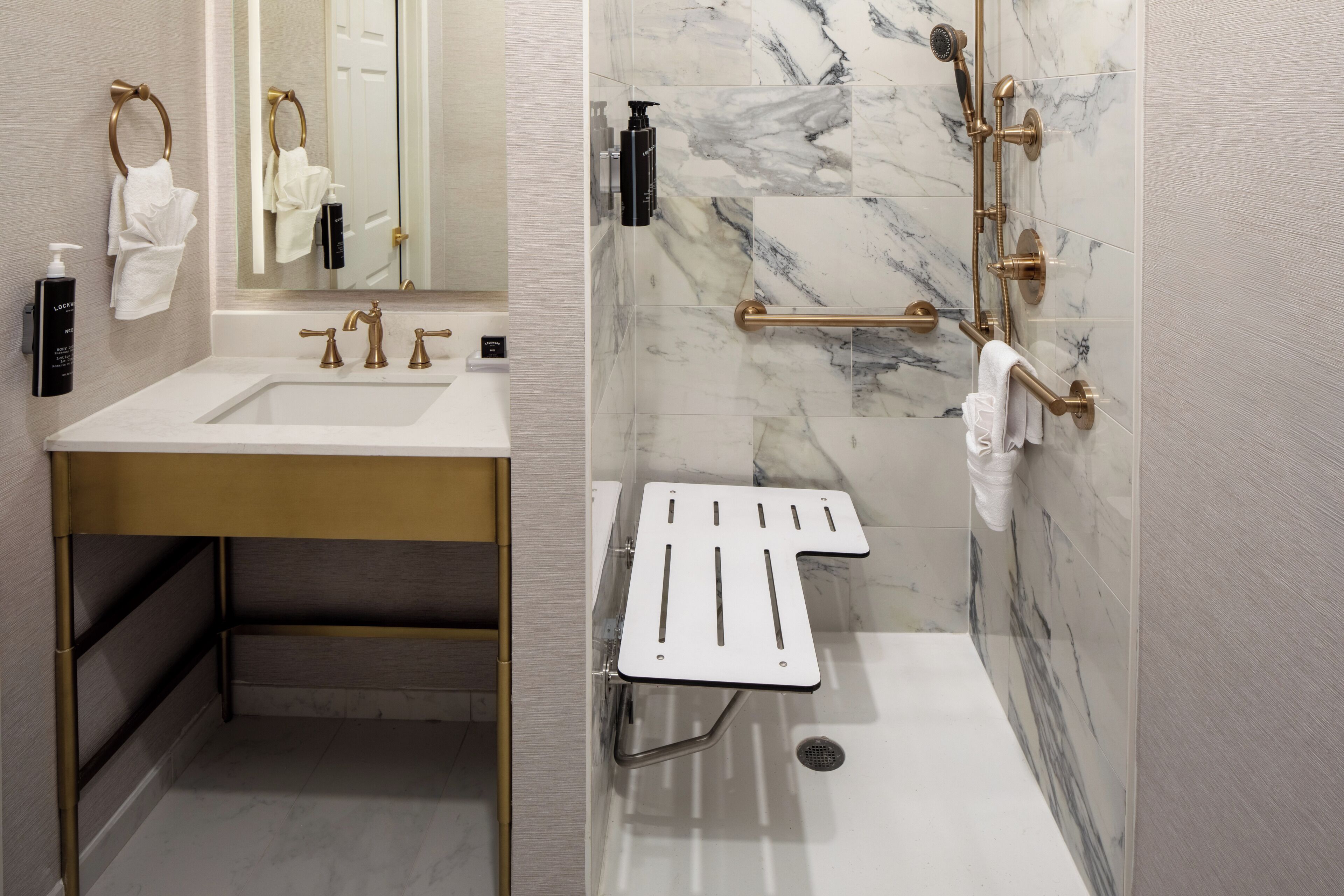 room, 2 queen beds, accessible (mobility & hearing, 3x3 shower) | bathroom | shower, designer toiletries, hair dryer, towels