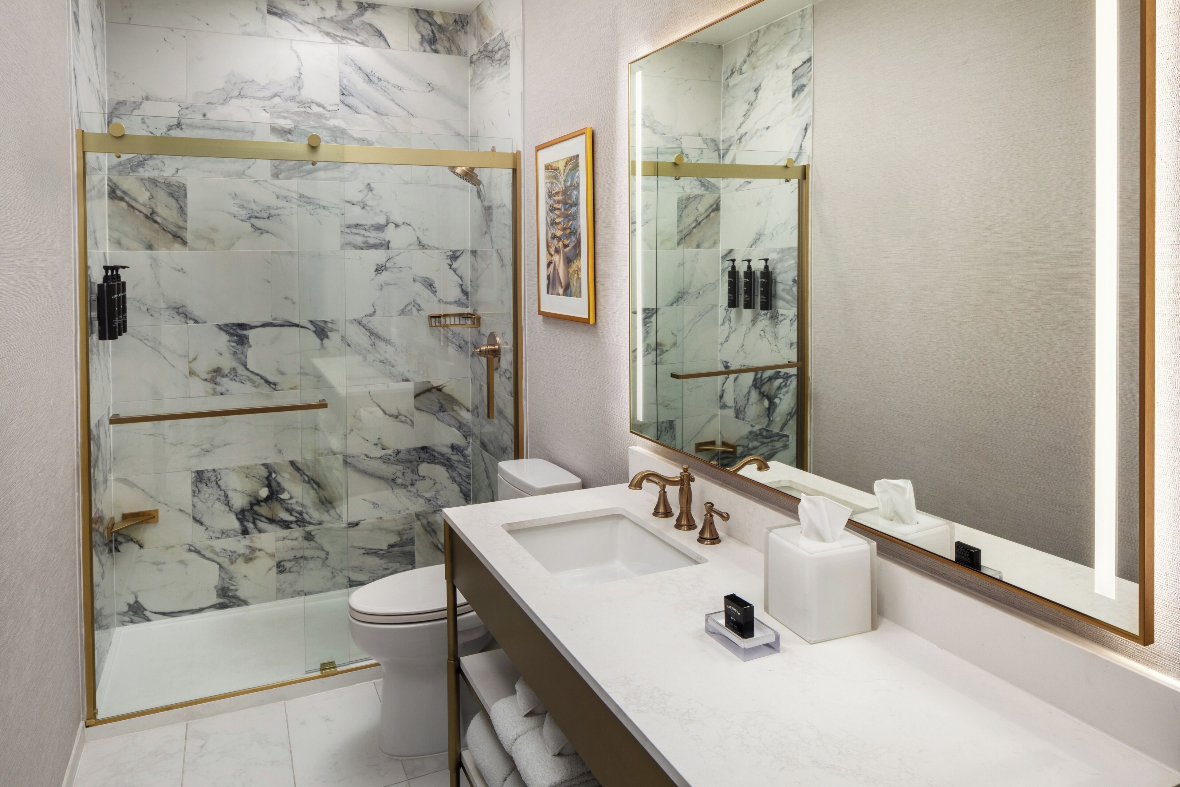 shower, designer toiletries, hair dryer, towels