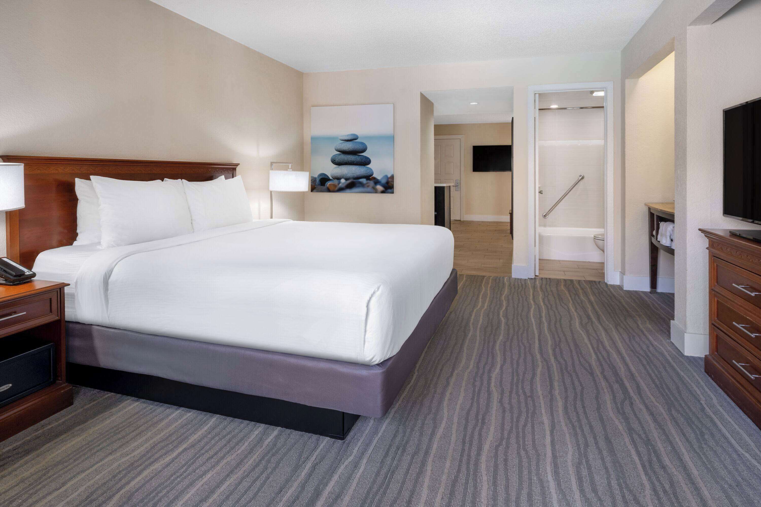 Una habitación de hotel con una cama grande, una mesita de noche con lámpara, un cuadro en la pared y un televisor en una cómoda.