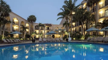 Outdoor pool, pool umbrellas, pool loungers