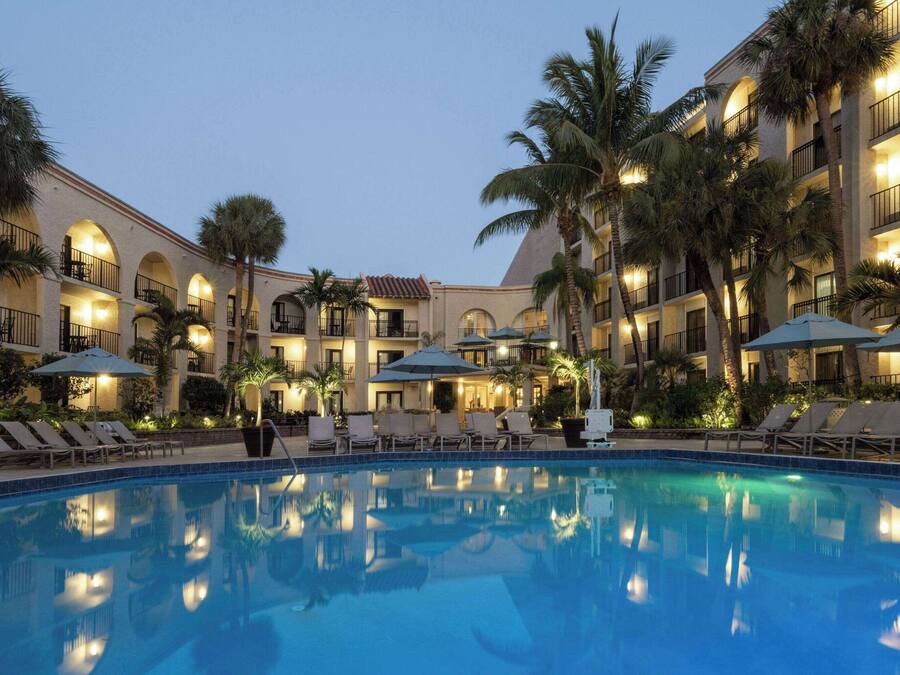 Outdoor pool, pool umbrellas, pool loungers