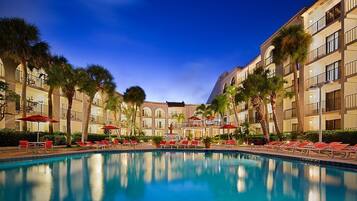 Outdoor pool, pool umbrellas, pool loungers