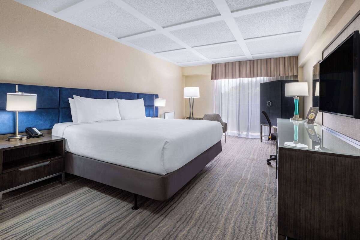 Een hotelkamer met een groot bed, een bureau met een computer, een televisie en een stoel.