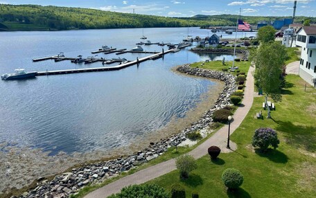 A lakeside marina with boats docked, a dock extending into the water, and a pathway along the shore.