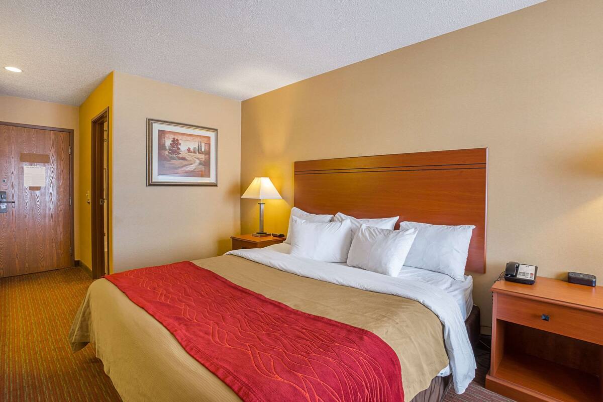 A hotel room with a large bed, a wooden headboard, a nightstand with a lamp, a framed picture on the wall, and a door with a wooden panel.