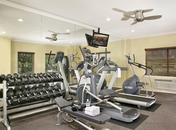 A gym with treadmills, elliptical machines, and a rack of dumbbells.