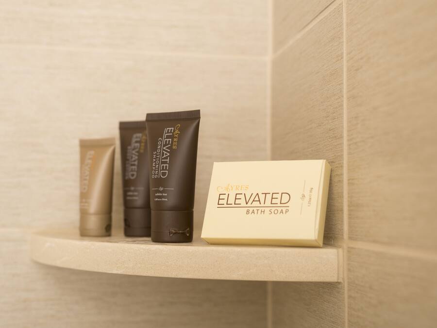 Prestatge de bany amb tres ampolles de sabó de bany i una caixa amb la inscripció "Elevated Bath Soap".