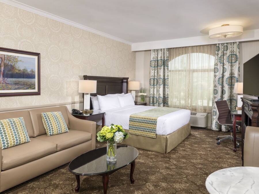 A hotel room with a bed, a sofa, a desk, and a coffee table.