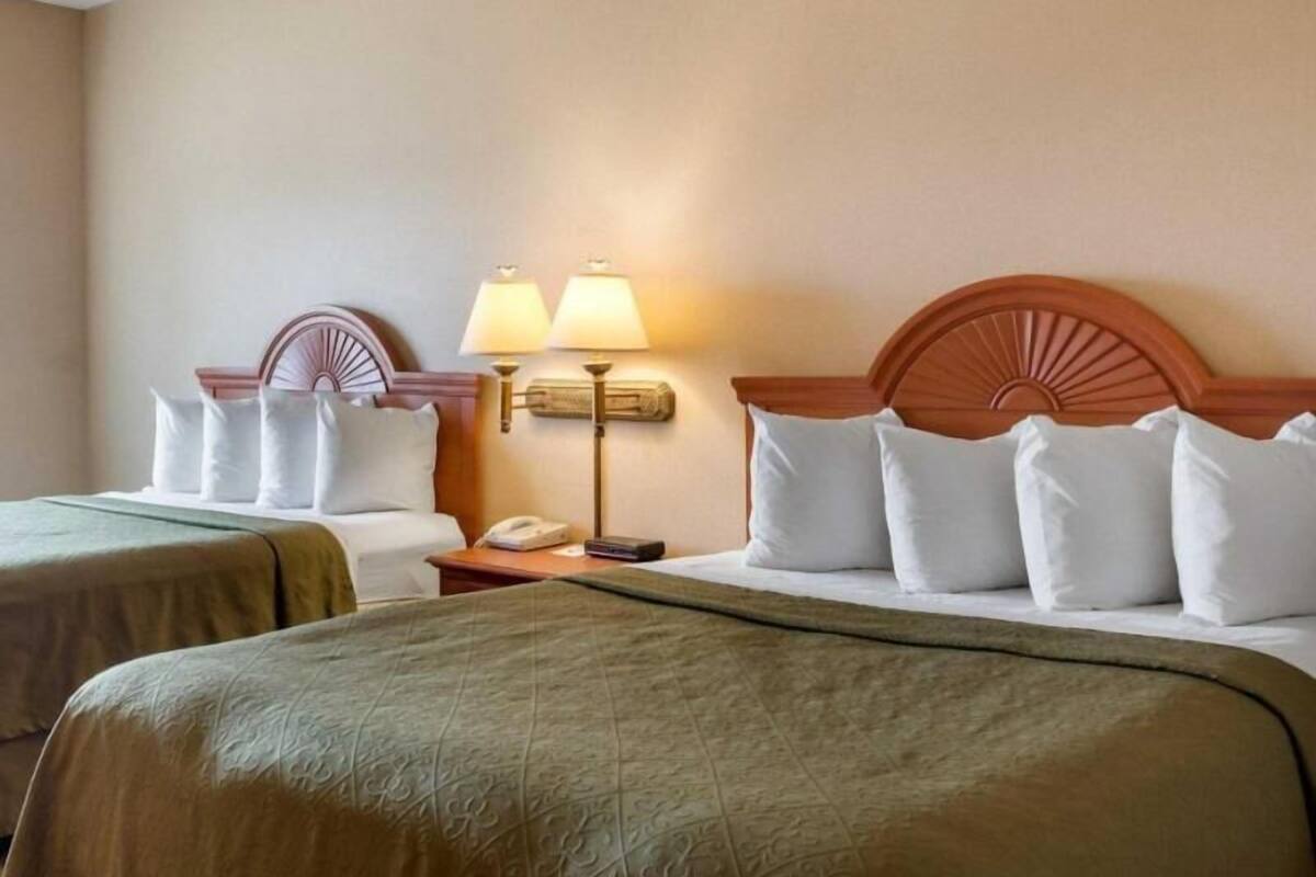 A hotel room with two beds, a nightstand with a lamp, and a wall-mounted telephone.