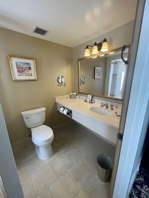 A bathroom with a toilet, sink, mirror, and a framed picture on the wall.