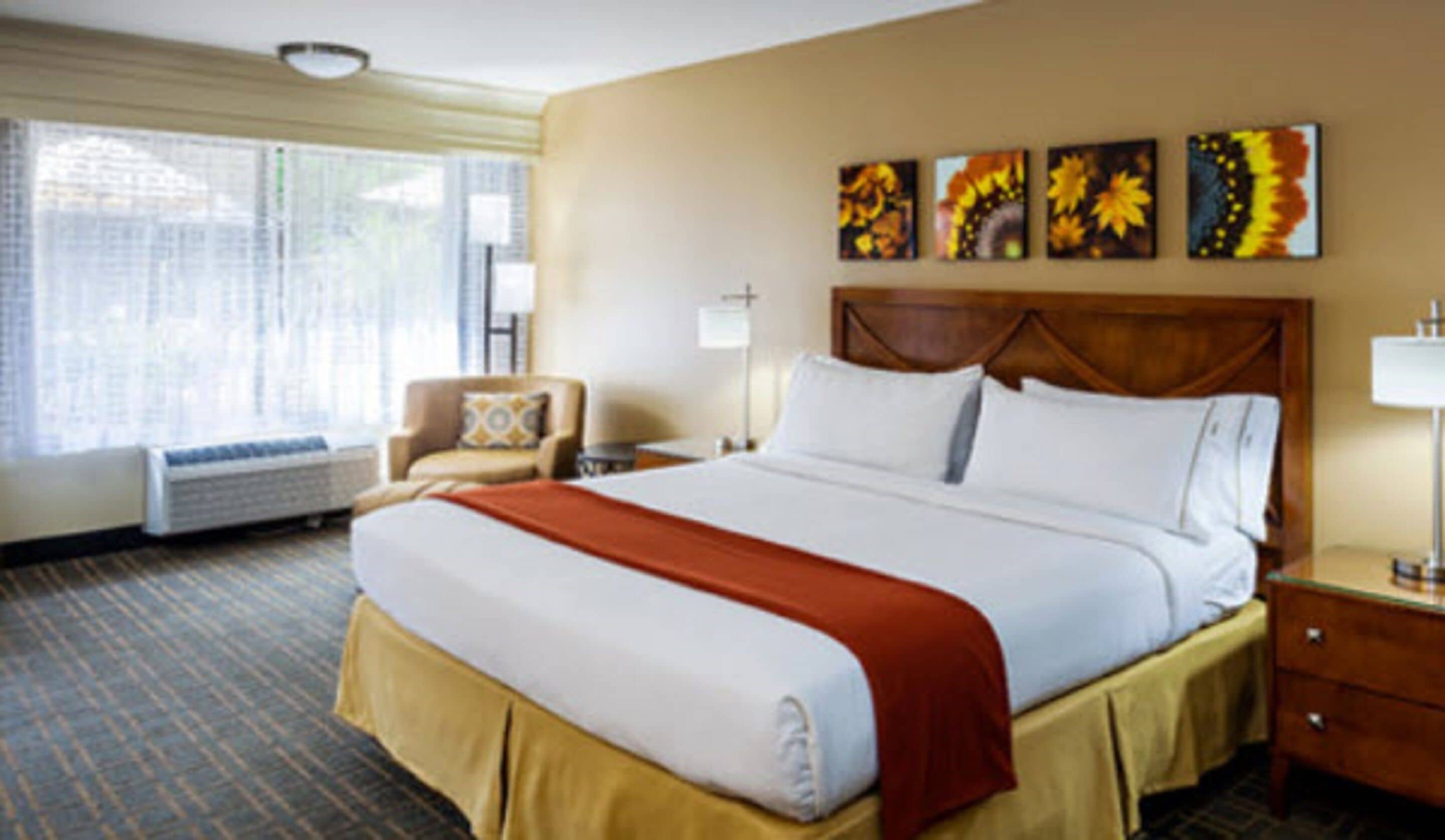 A hotel room with a large bed, a chair, a nightstand, and a window with blinds.