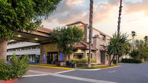 A hotel with a stone facade, a covered entrance, and a landscaped front yard with palm trees.