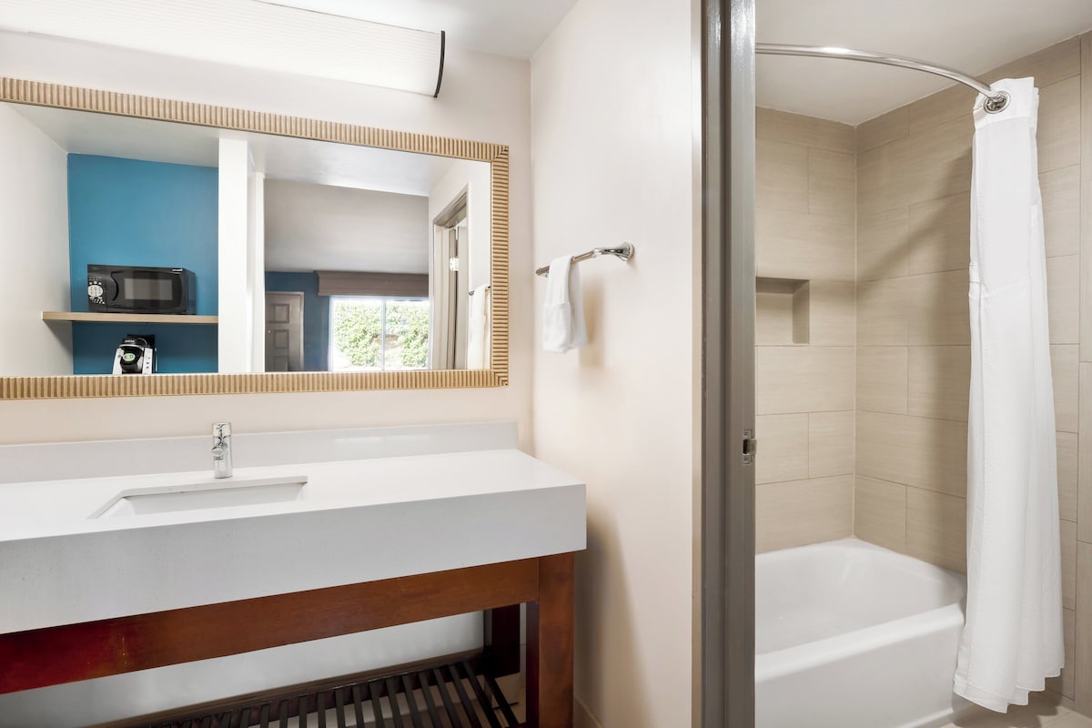 Une salle de bain avec un lavabo blanc, un miroir, une douche et une baignoire.