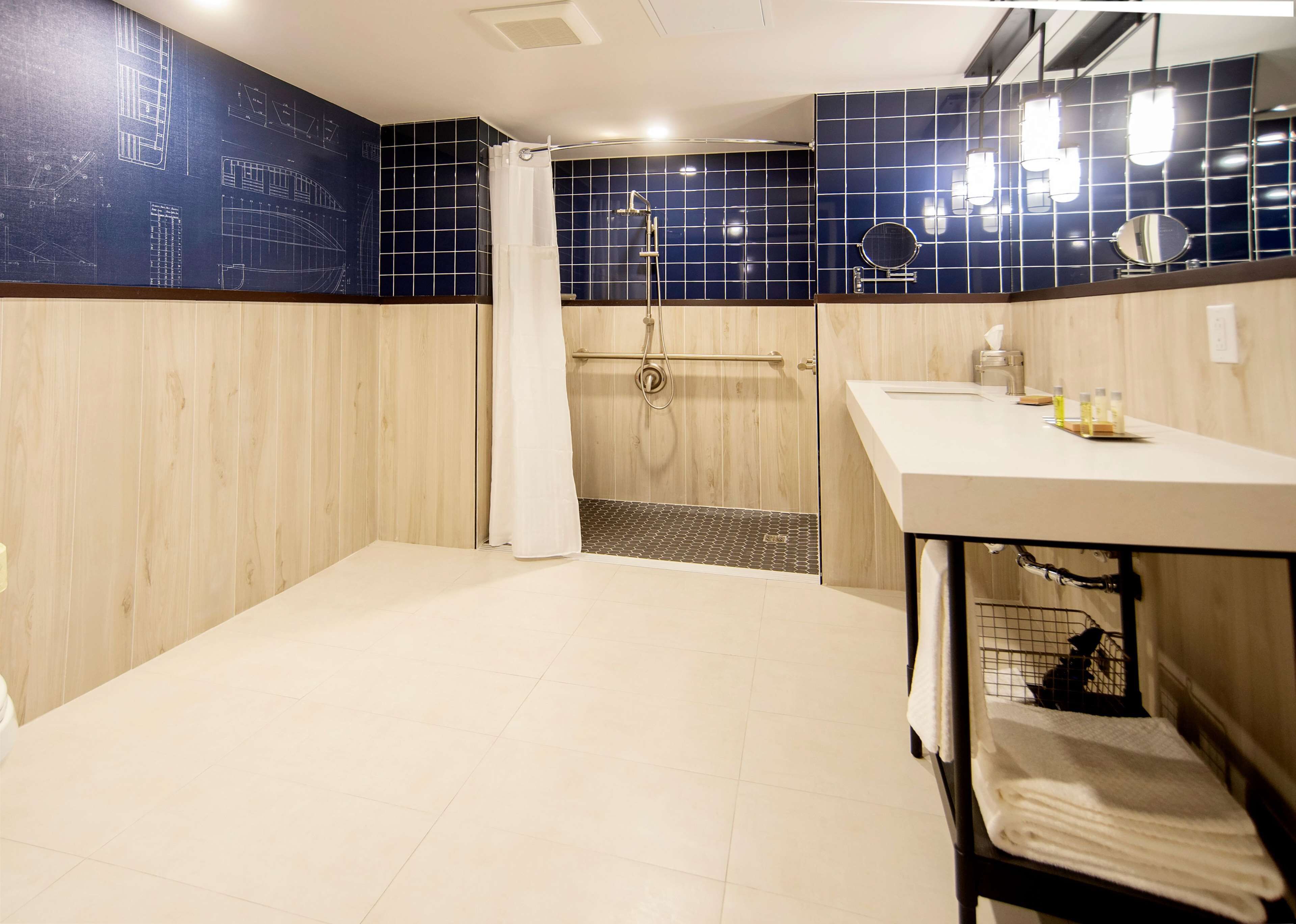 room, 1 king bed, accessible (roll-in shower, hearing & mobility) | bathroom | shower, rainfall showerhead, free toiletries, hair dryer