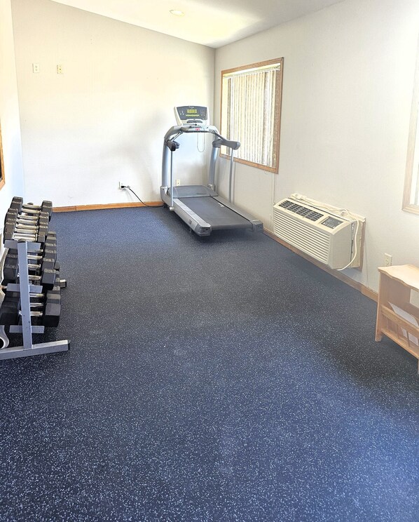 A room with a treadmill, a set of dumbbells, and a standing desk.
