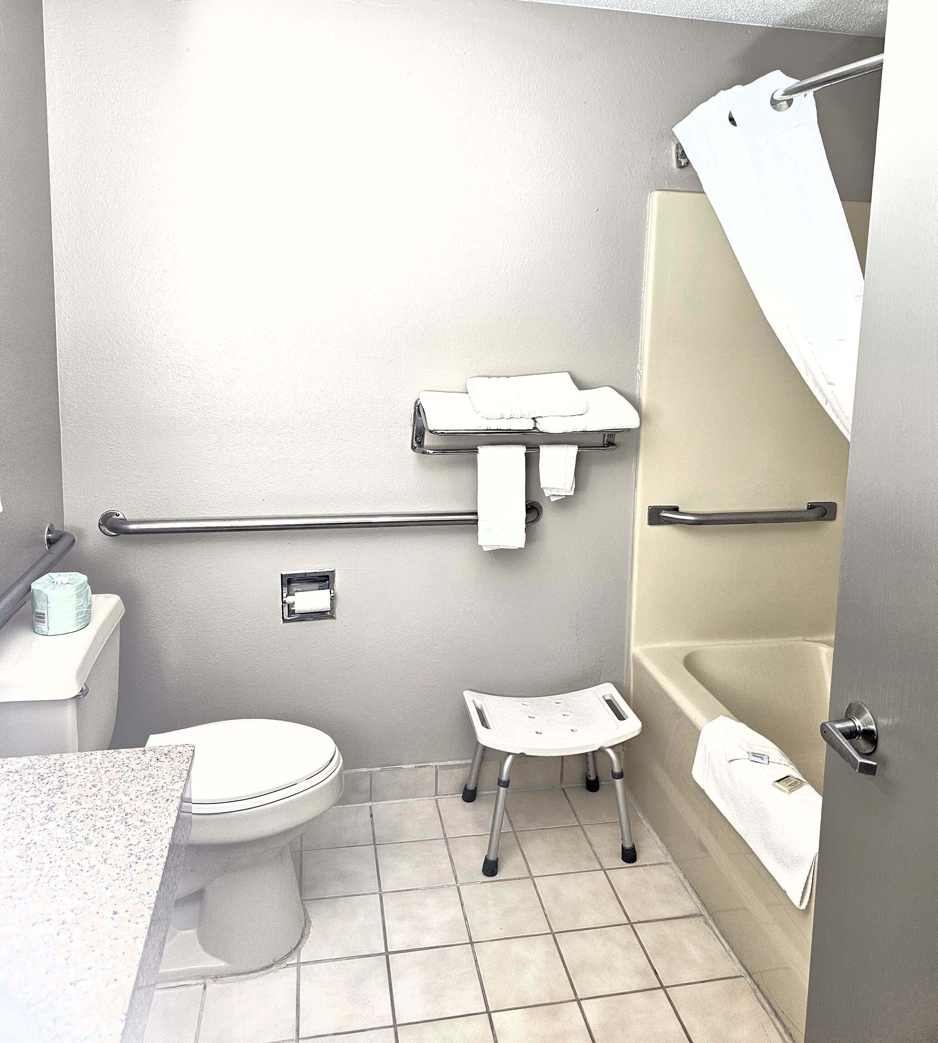 Combined shower/tub, free toiletries, hair dryer, towels