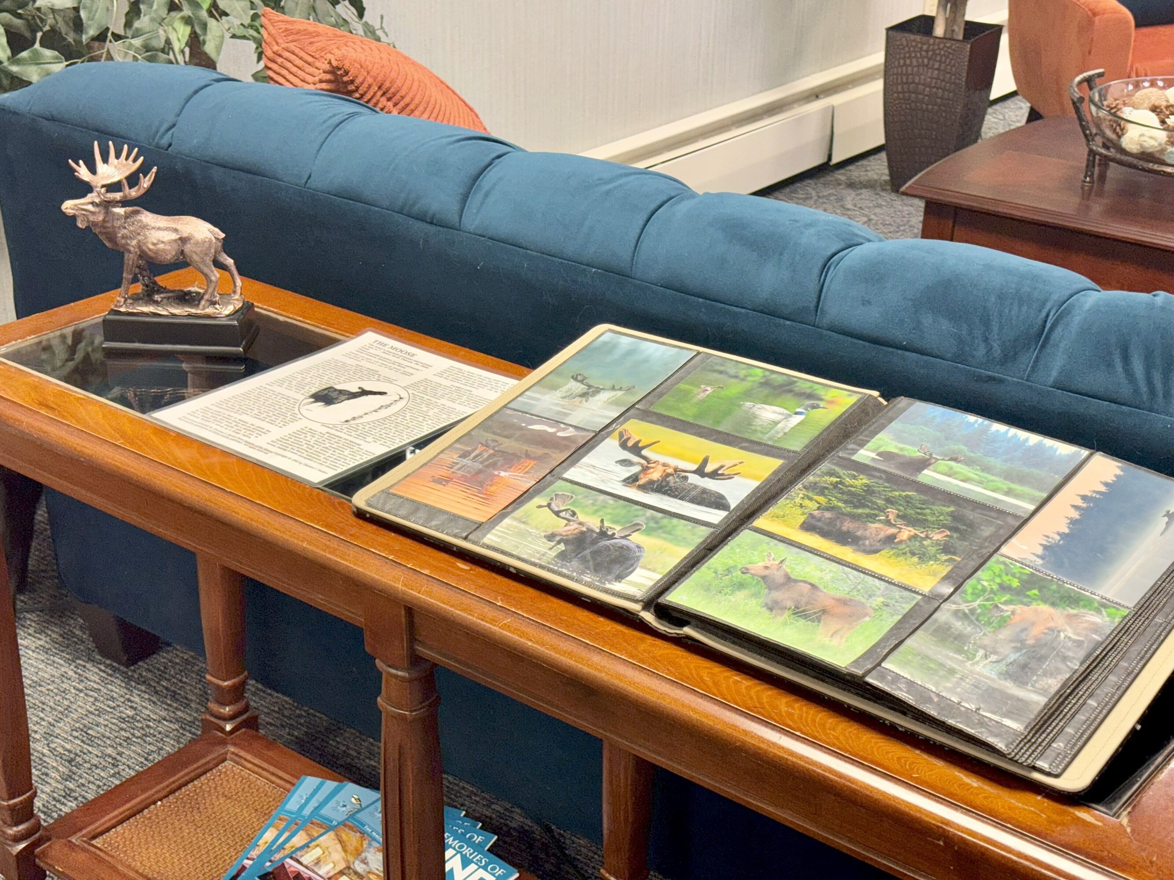 A wooden coffee table with a book and a photo album.